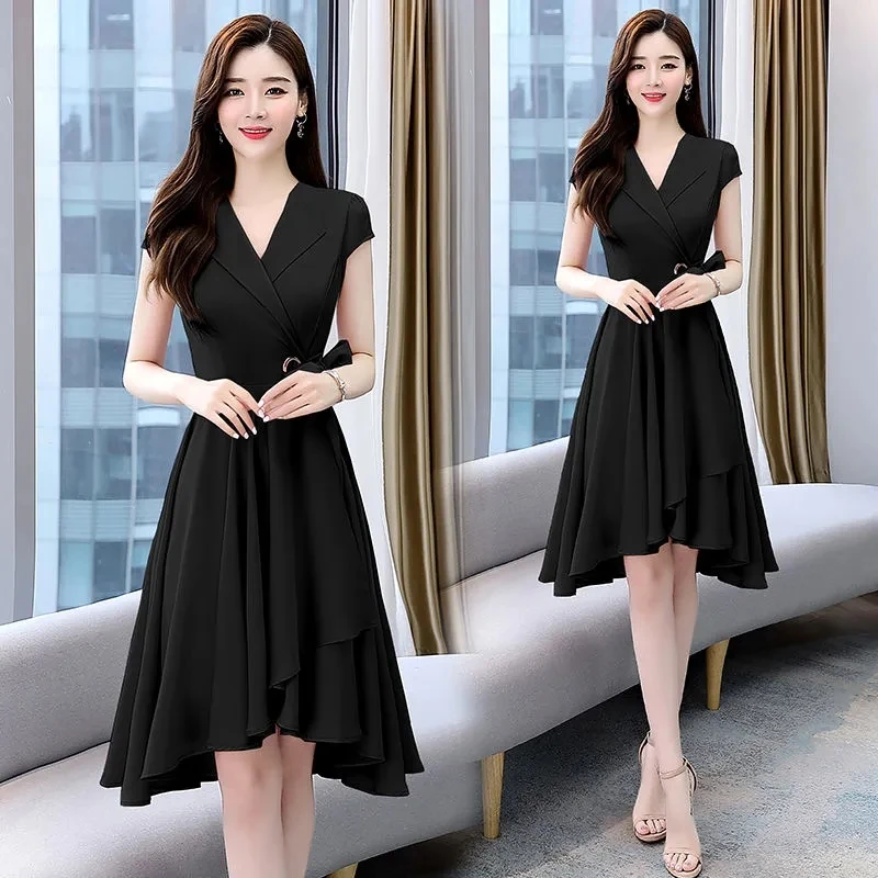 Elegant V-neck A-line Midi Dress Women Summer Korean Fashion Elbise Bandage Short Sleeve Dresses Plus Size 4xl Vestidos De Mujer