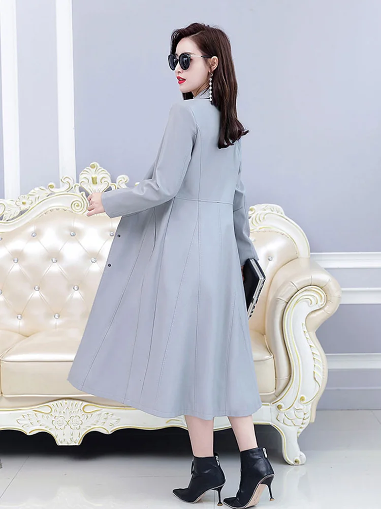 Size M-7XL New Women Leather Coat Spring Autumn 2023 Fashion Single Breasted Long Slim Leather Outerwear Female Long-sleeve Coat