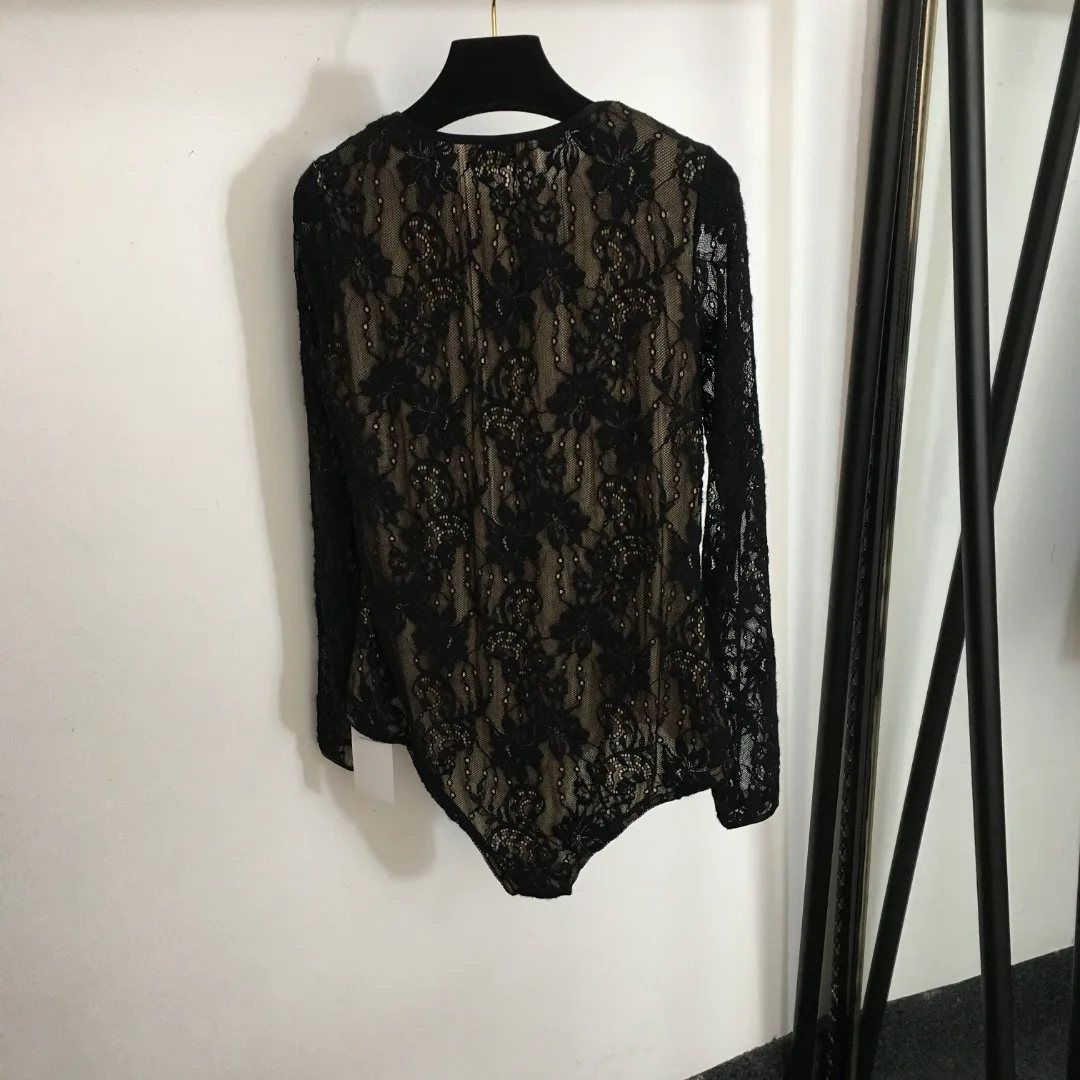 

2023 New Mesh Panel Lace Flower Long sleeved jumpsuit Top