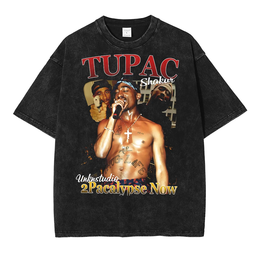 

Hip Hop Men Harajuku Streetwear Tupac Portrait Graphic Print T-Shirts Vintage Washed Cotton Casual Summer Short Sleeve Tees Tops