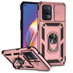Shockproof Armor Case with Magnet Ring Holder and Side Camera Lens Protection for OPPO Reno 5 Lite (Rose Gold)