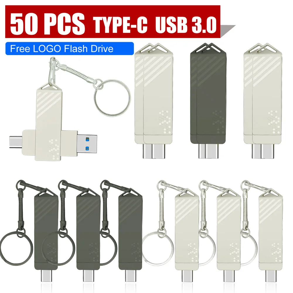 

50Pcs Metal Usb 3.0 Flash Drives High Speed Pendrive 32GB 64GB 128GB 256GB Portable SSD Memoria Usb Flash Disk TYPE-C Adapter
