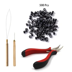 Premium Hair Extension Toolkit with Micro Ring Beads and Styling Tools - 500 pcs (Black Combo Kit)