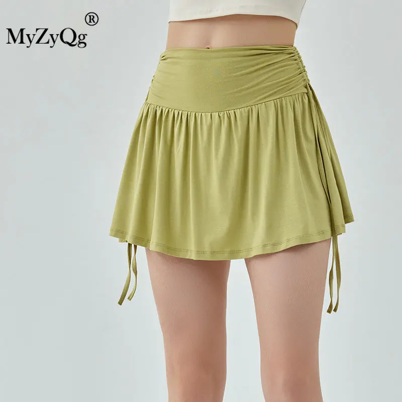 

MyZyQg Women Drawstring High Waist Sports Pleated MINI Yoga Skirt Female Slim Fitness Tennis Culottes Running Anti-skid Shorts