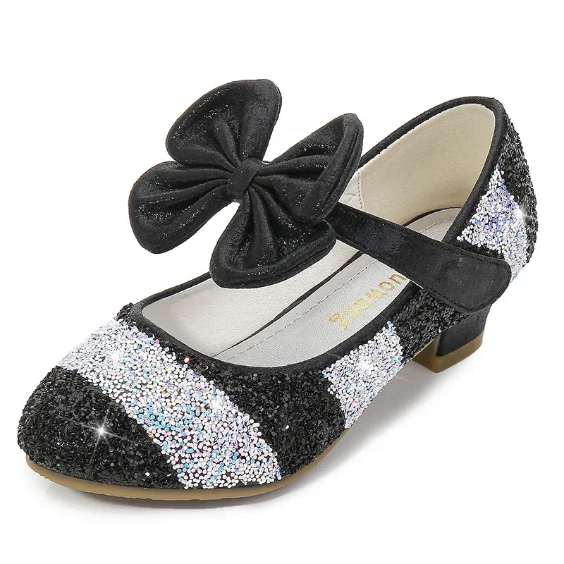 Girls' Leather Shoes Princess Rainbow Stripes Children Shoes Round-Toe Soft-Sole Big Girls High Heel Princess Crystal