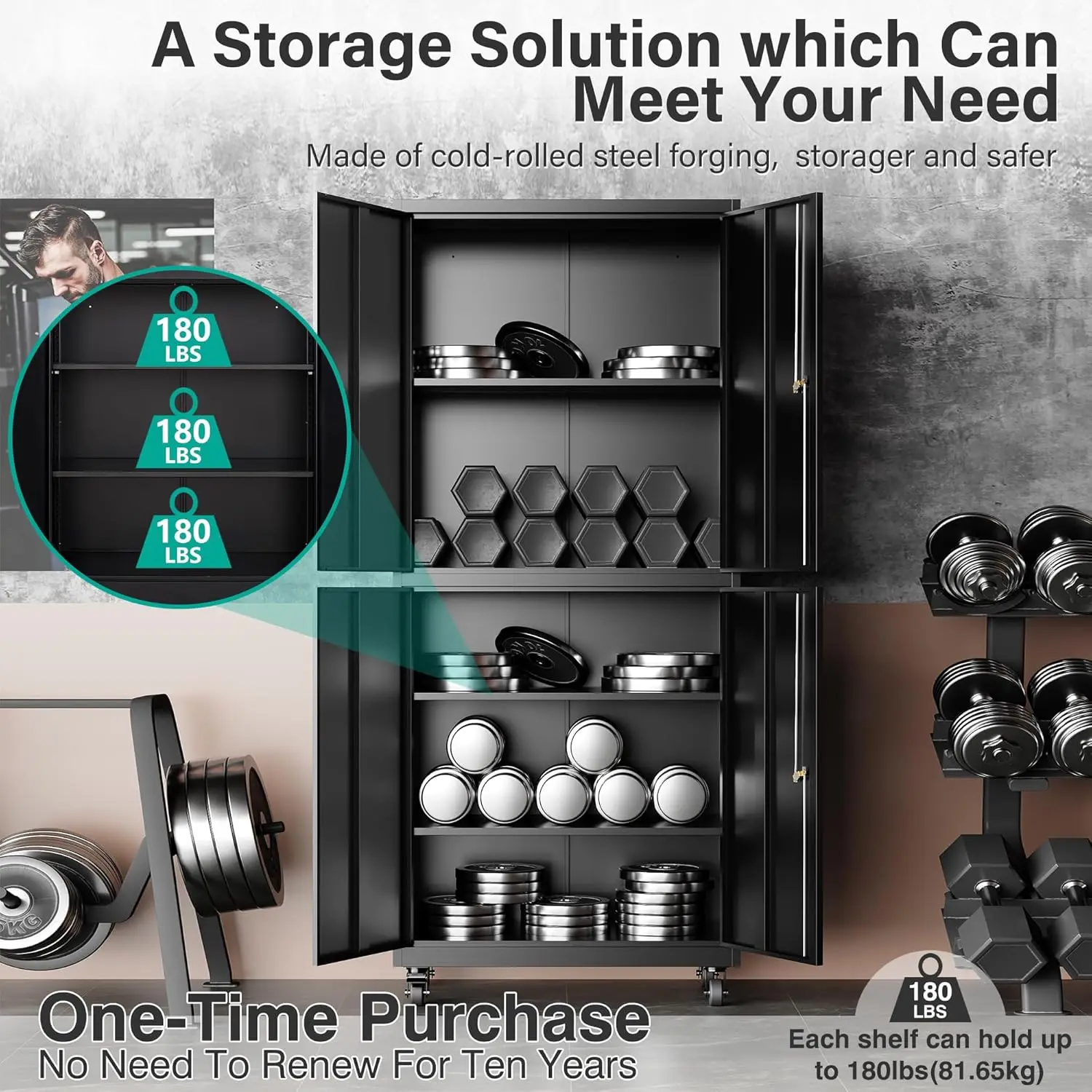Tool Metal Storage Cabinet with Wheels Rolling Garage Storage Cabinet with Lock Black Metal Cabinet with Shelves 4