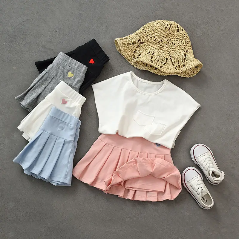 Summer Kids Pleated Skirt Cute Girl Love Skirt Korean Style Solid Pleated Skirt for Girls Sweet Fashionable Girl Casual Clothing