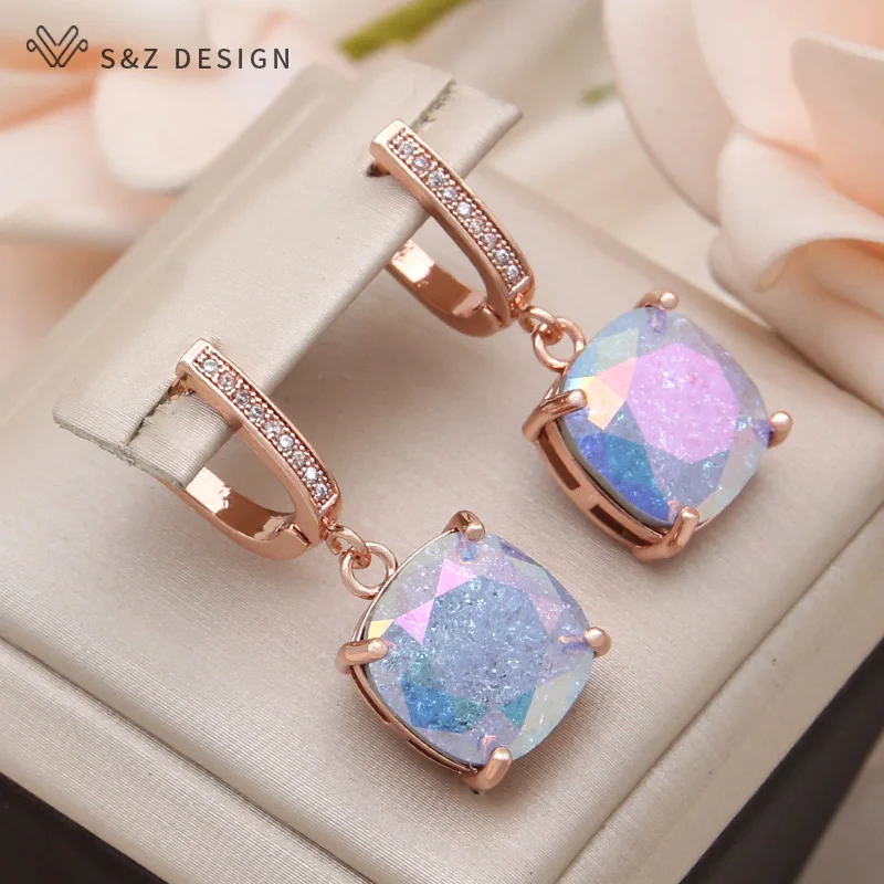 

S&Z DESIGN New Fashion Cubic Zirconia Ice Crack Square Crystal Dangle Earrings For Women Jewelry 585 Rose Gold Color Eardrop