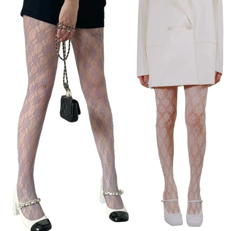 

Women Flower Diamond Jacquard Fishnet Tights JK Girl Hollowed Out Mesh Stockings