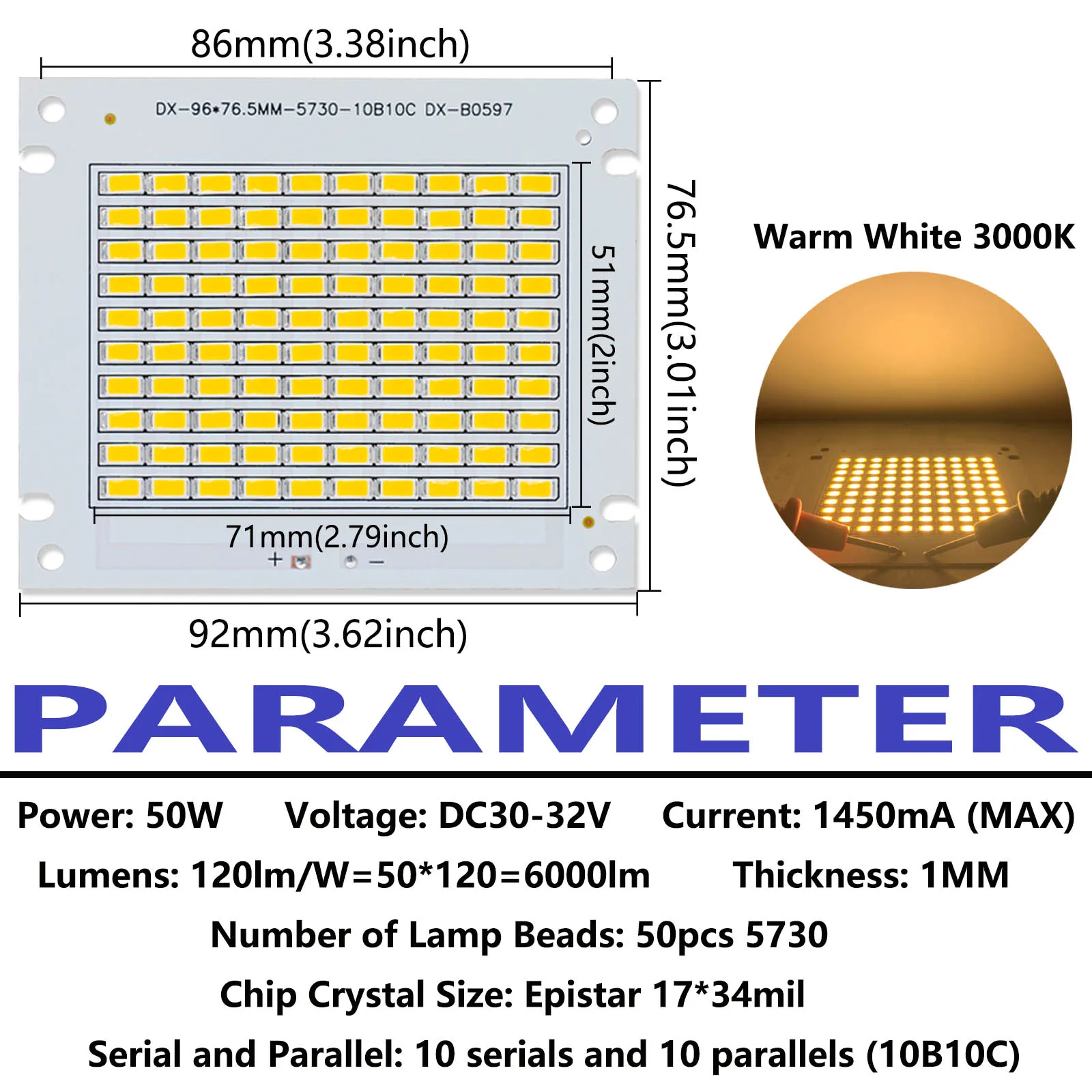 LED 5730 칩 DC30-32V 에피스타 PCB 투광 조명용 COB 다이오드 비즈, DIY 스포트라이트, 야외 조명용, 50W, 1450mA, 6000lm
