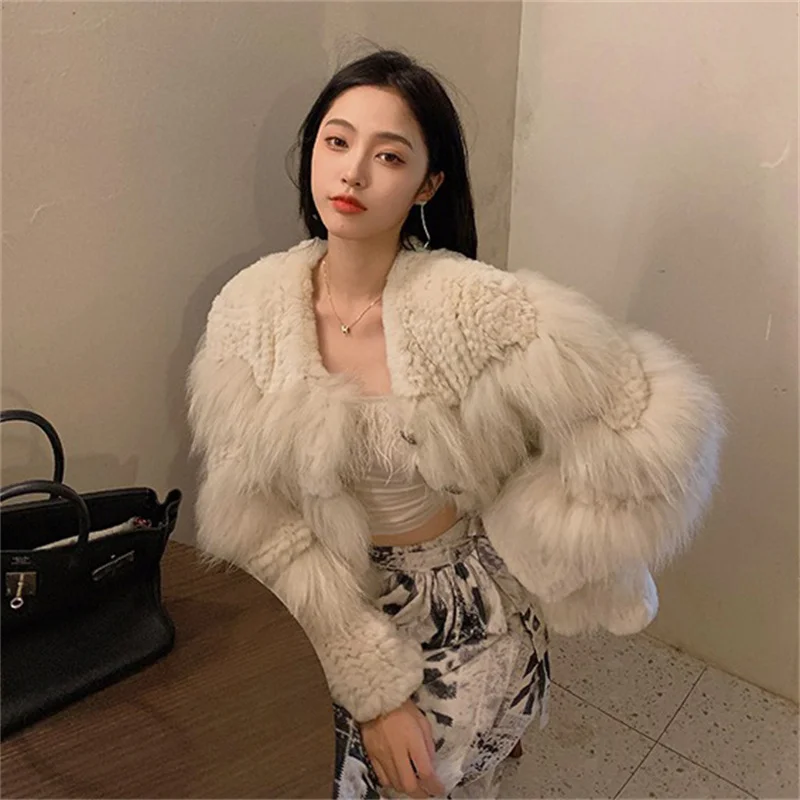 Korean Women's Fur Braided Coat Beaver Rabbit Fur Raccoon Fur Braided Coat Winter Luxury V-neck Design Warm Coat