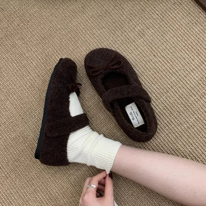 Woolen Fabric Women Flats Shoes Fashion Mary Jane Shoes Ladies Comfort Outdoor Warm Cotton Fur Winter Shoes 2025 New