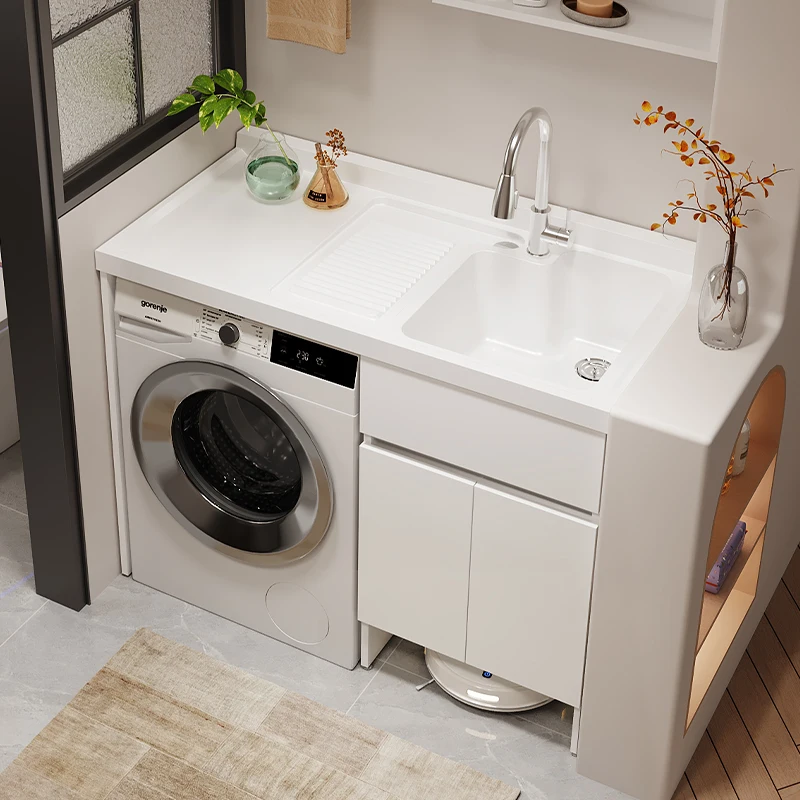 Stainless steel balcony laundry cabinet sweeping robot drum washing machine cabinet combination integrated basin laundry pool