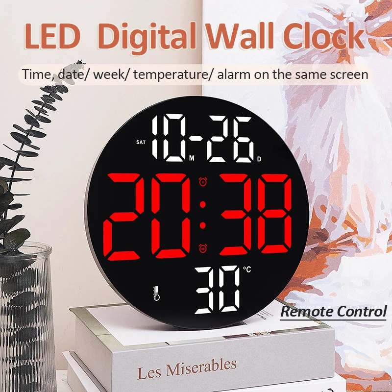Wall Clock Digital Wall Clock LED Large Digital Wall Clock Remote Control Temperature Date Week Display Two Clocks Timing Clock Bedroom Home Decor