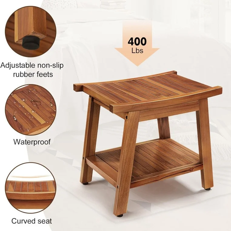 Natural Teak Wood Shower Bench 2-Tier Wooden Spa Stool with Curved