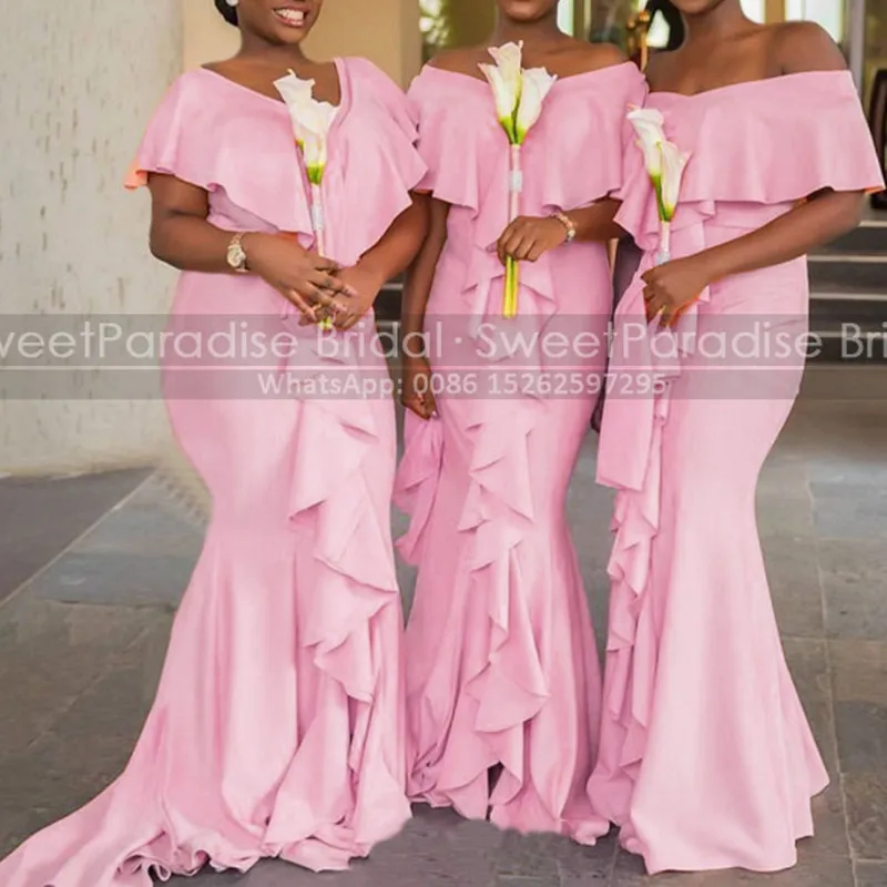 

Ruffles Trumpet Bridesmaid Dresses With Mermaid Pink Long Off Shouder African Girls Women Wedding Guest Dress Maid Of Honor