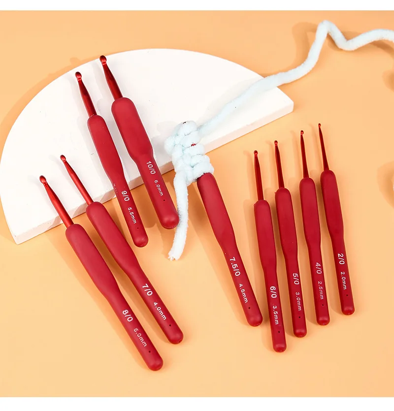Aluminum Crochet Hook with Soft Rubber Grip, Cushioned Handles, Knitting Needles, Weave Sewing, 9Pcs Set, 2.5-6.0mm