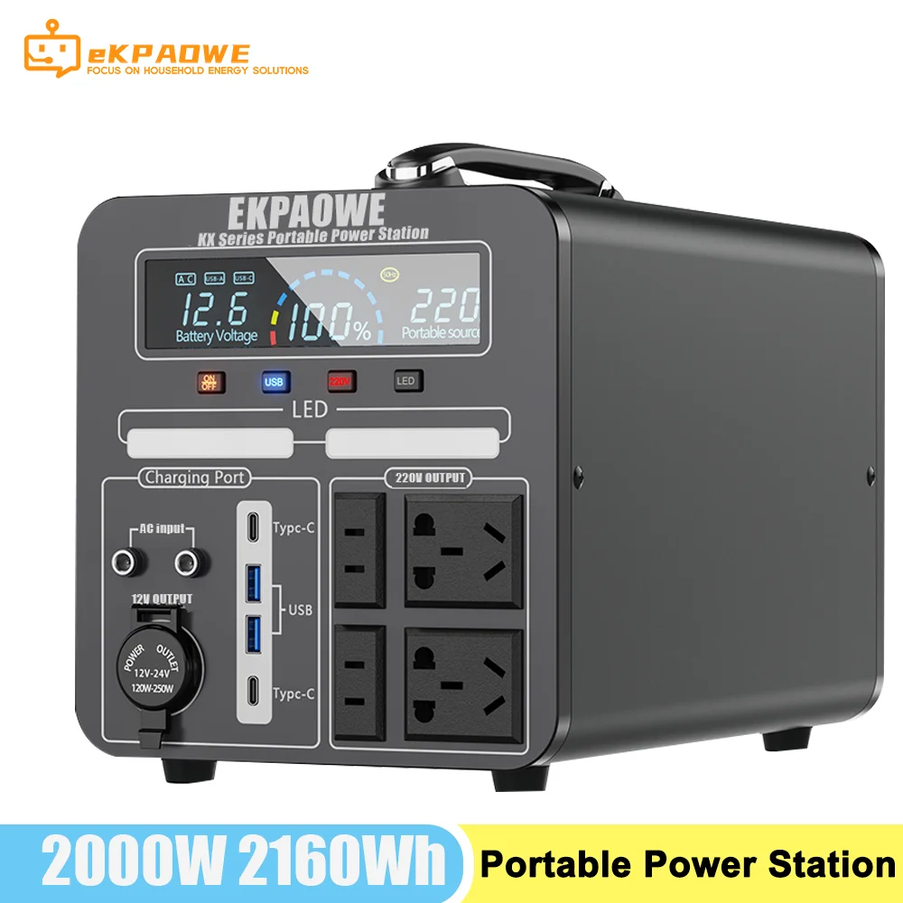 

2000W Portable Power Station 220V 2160Wh Pure Sine Wave Output With EU Plug Two Way Fast Charge Charged On Wall TV Boiler Use
