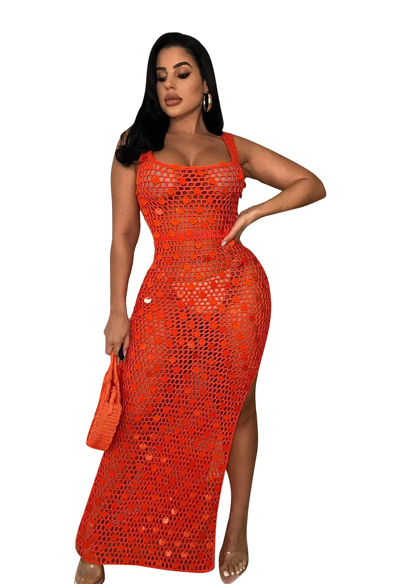 Kendny Robe longue en tricot côtelé à paillettes pour femmes évider voir à travers le maillot de bain couverture de vêtements de plage en club robes maxi sexy robe Y2K 2023 10