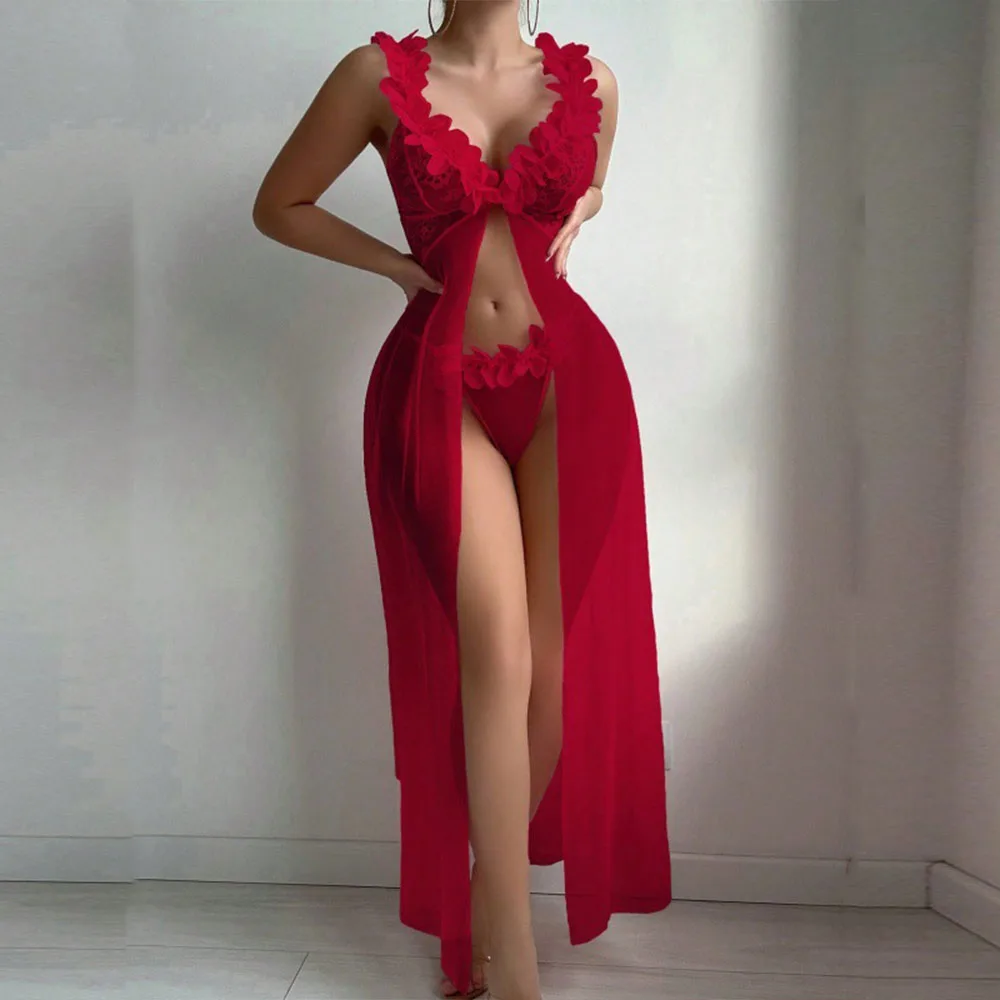 Women's Seduction Night 3D Floral Lace Lingerie Dress Nightgown Set + Thong, Intimate Apparel, Bedroom Attire Sleepwear Combo