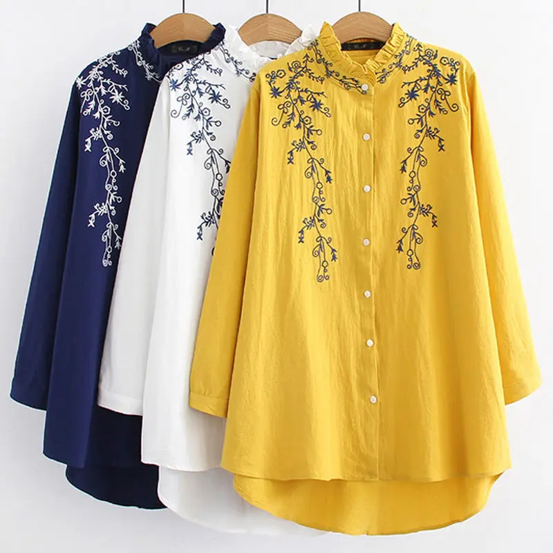 

Autumn Blouses Women Ruffled Cotton Linen Blouse Loose Full Plus Floral Embroidery Feminine Long Sleeve Shirts 5XL White Blusas