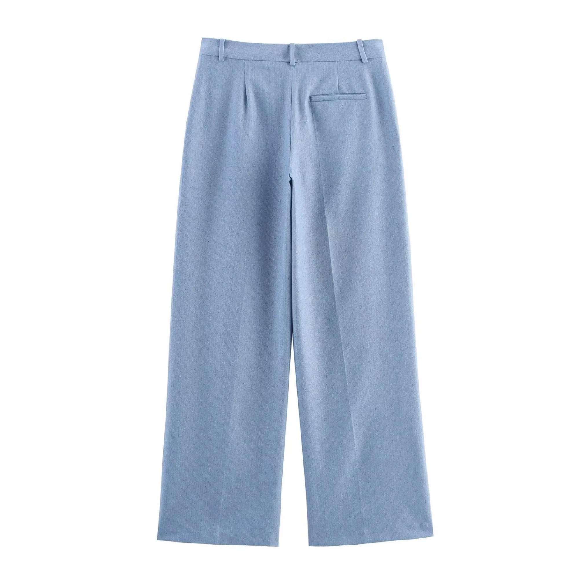 Women's Solid Straight Leg Long Pants Sets Or Female OL Single Button Short Blazer Coat Or Commuting Style Women blue Long Pants