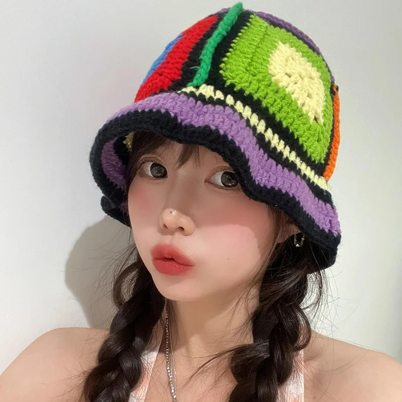 

2023 NEW Women's Colorful Handmade Crochet Bucket Hats Y2k Fashion INS Spring Beach Hat Korean Hollow Knitted Panama Cap