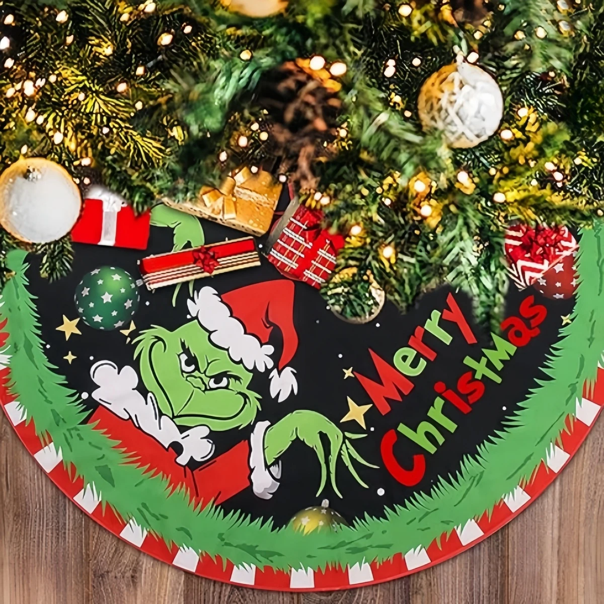 Christmas Tree Skirt 48 Inches Faux Fur Trimmed Tree Collar Soft Xmas Collar Grinch Design