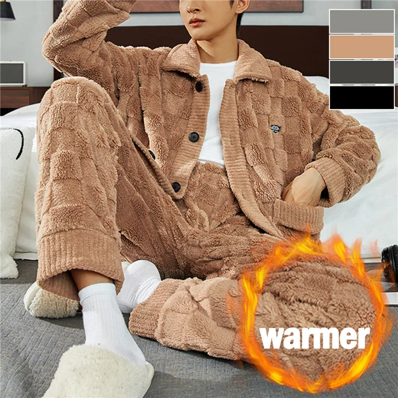 

2023 Men's Warm Pajama Sets Autumn Winter Thick 2 Piece Set Flannel Sleepwear Loose Long Sleeve Solid Homewear Home Clothes Sets