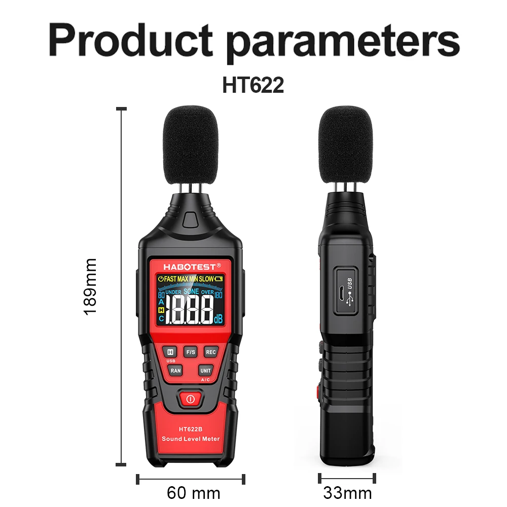 HABOTEST HT622 Sound Level Meter Portable SPL Meter 30dBA to 130dBA Audio Noise Volume Measuring Instrument Decibel Meter images - 6