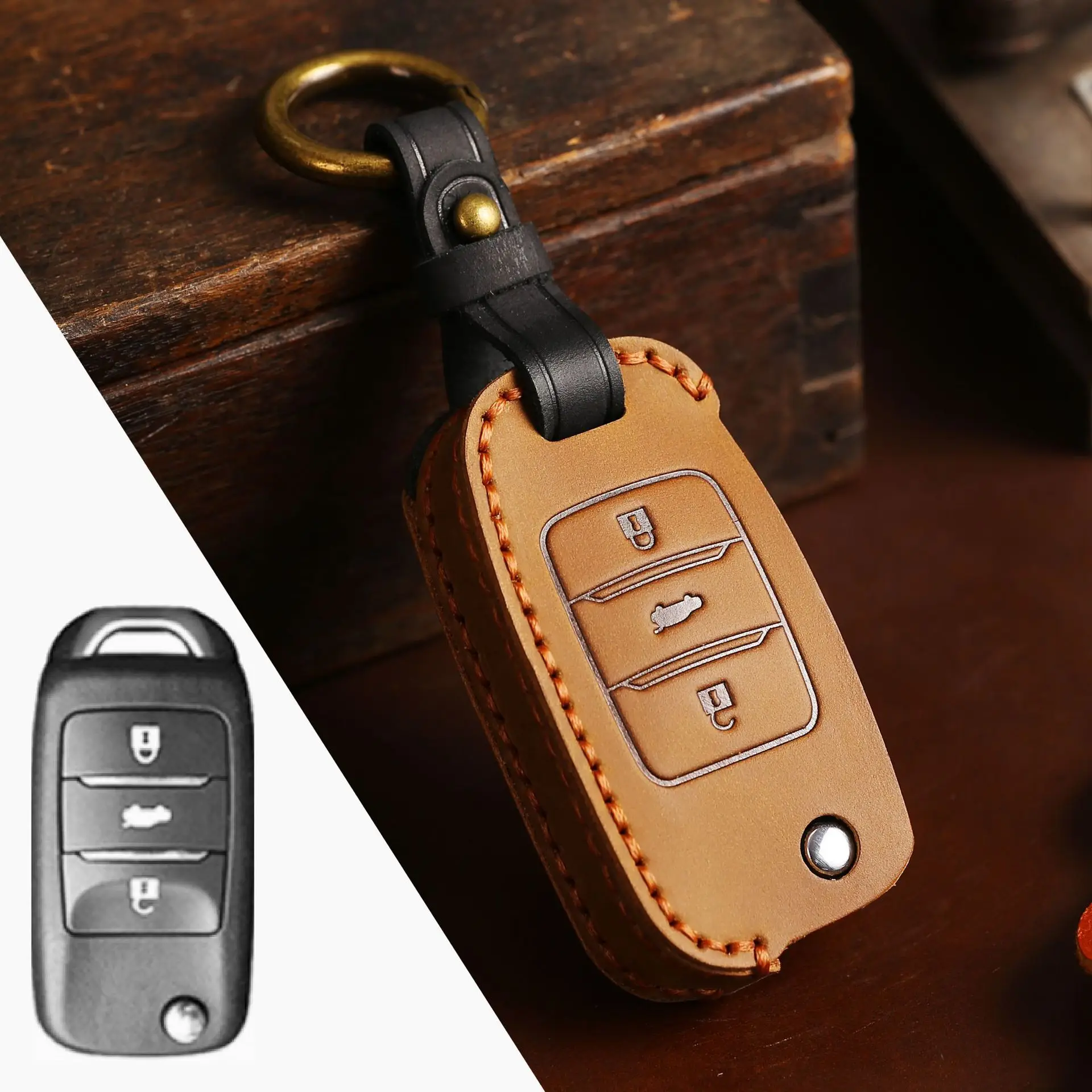 

Crazy Horse Leather Car Key Case Cover Fob Shell for Changan Cs75 Cs55 Cs35 V7 V5 Cx70 Cs85 CS95 CS15