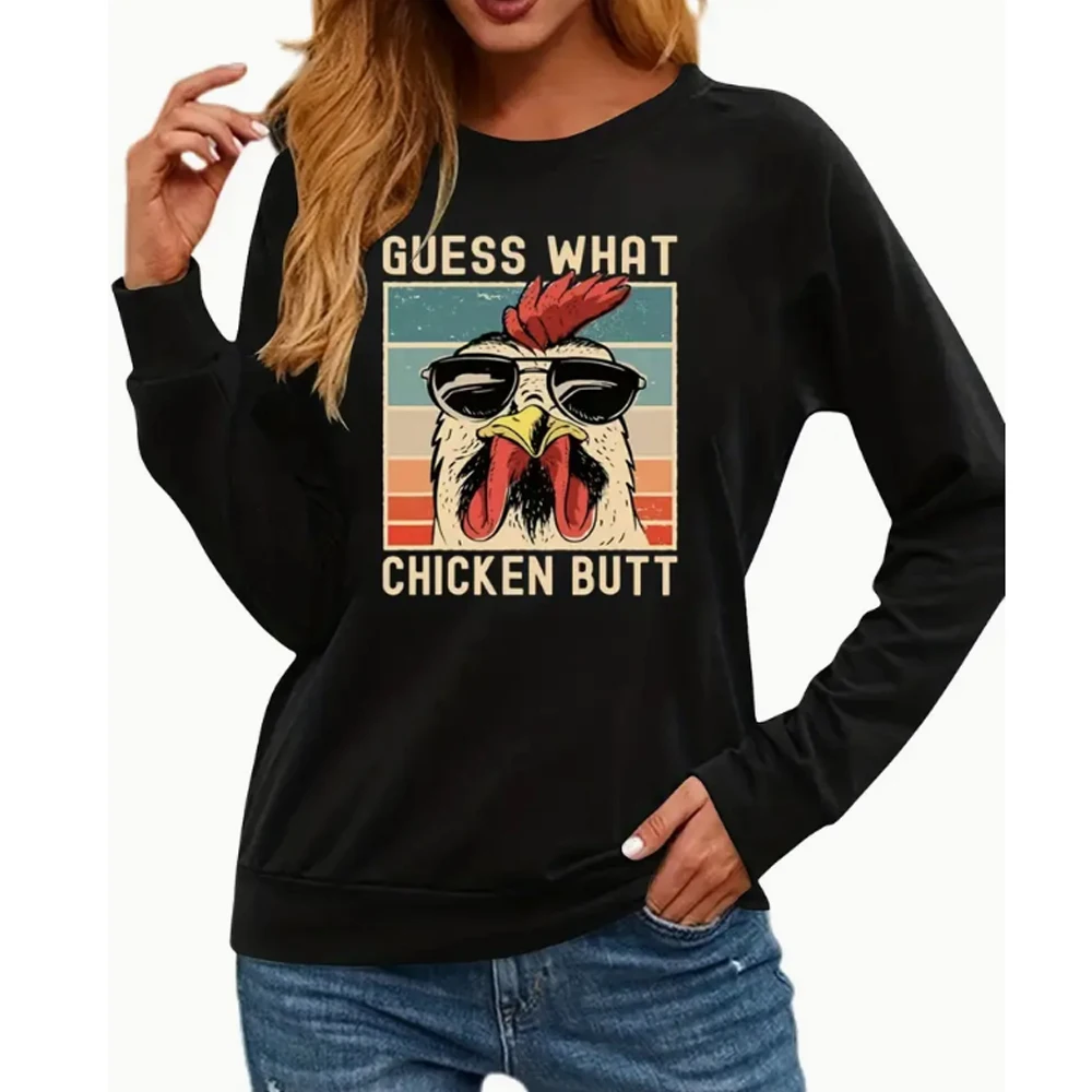 Chicken Print Graphic Pullover Sweatshirt Casual Long Sleeve Crew Neck Sweatshirt For Spring & Fall Women's Clothing