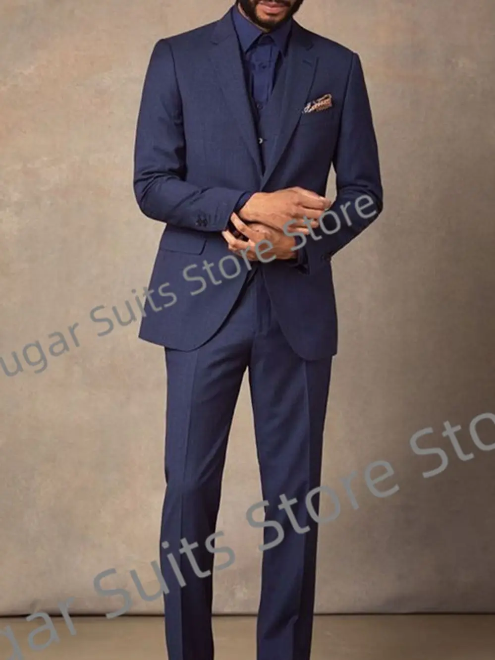 Luxuly Classic Navy Blue Men Suits Slim Fit Notched Lapel Groom Tuxedos Dinner 2 Pieces Sets Business Male Blaze Costume Homme