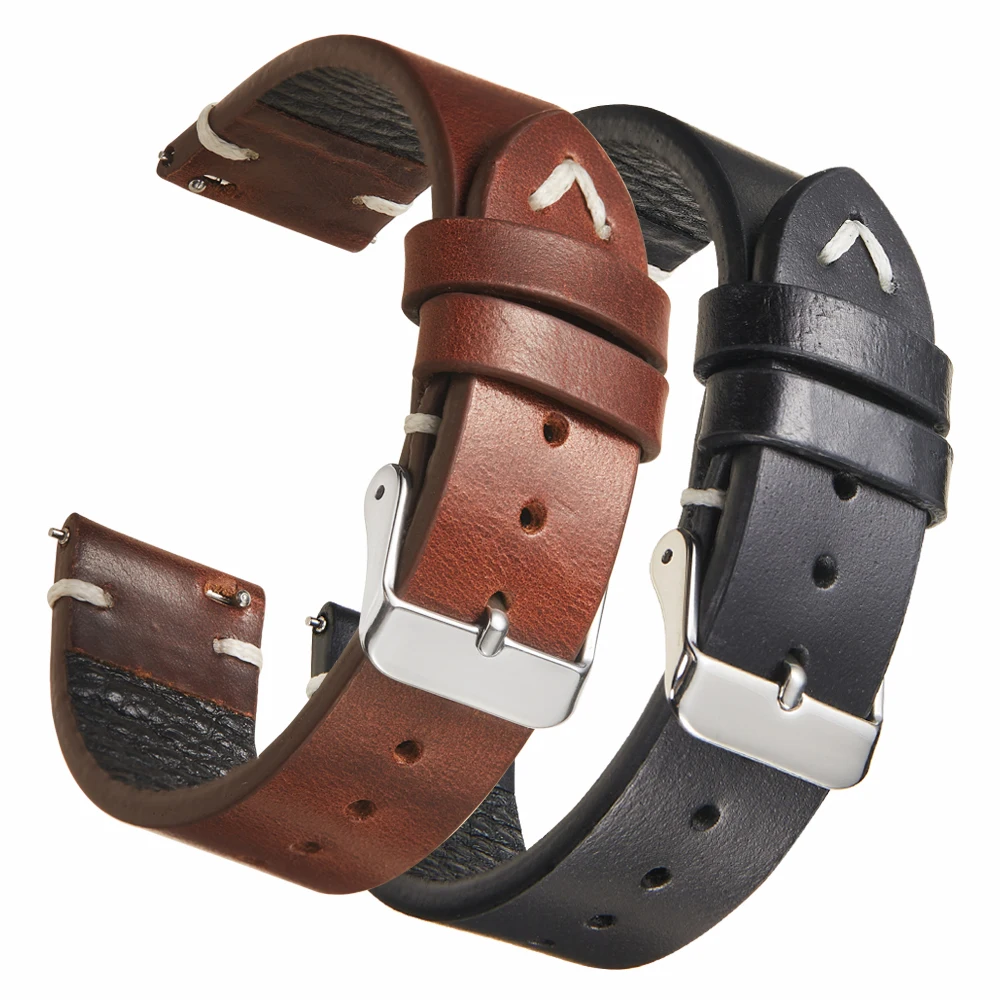Vintage Genuine Oil Wax Leather Watch Strap - Classic Men's Band Bracelet