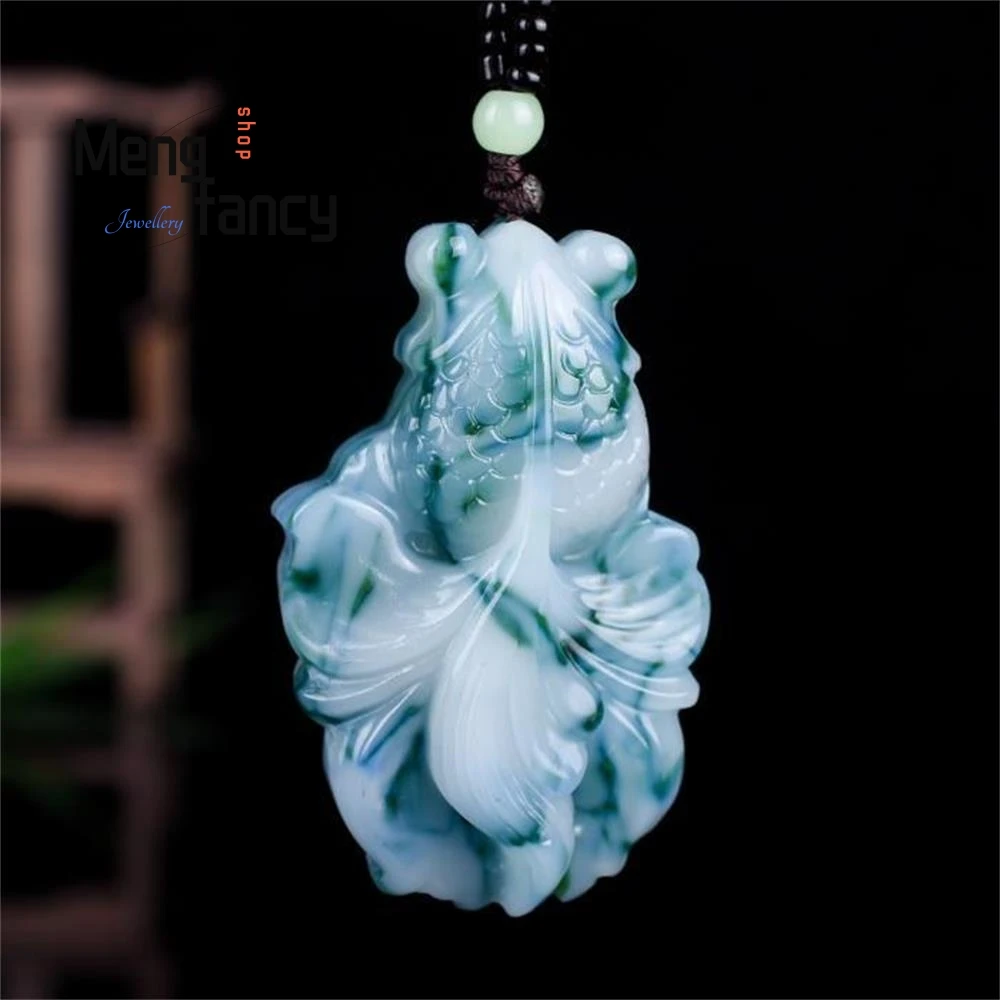 Natural Hetian Colourful Jade Floating Flower Goldfish Koi Pendant Jewelry Handicraft Holiday Gift