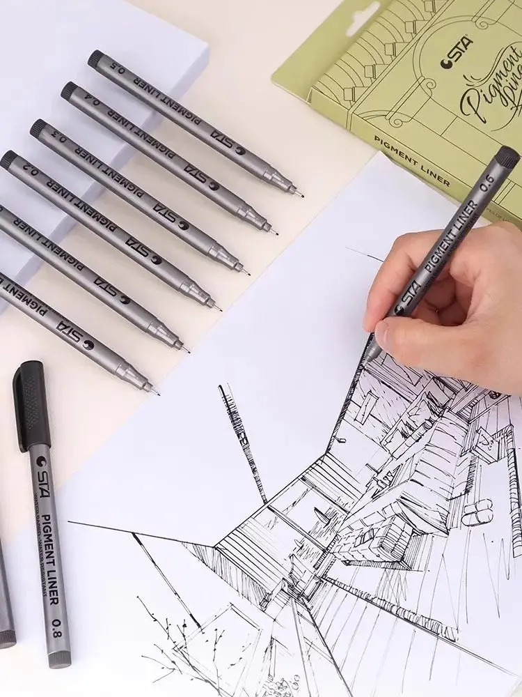 9 teile/satz Wasserdichte Nadel Stift für Kunst Schwarz Handgezeichnete Haken Schlaganfall Skizze Stift Student Zeichnung Werkzeug – Detail 6