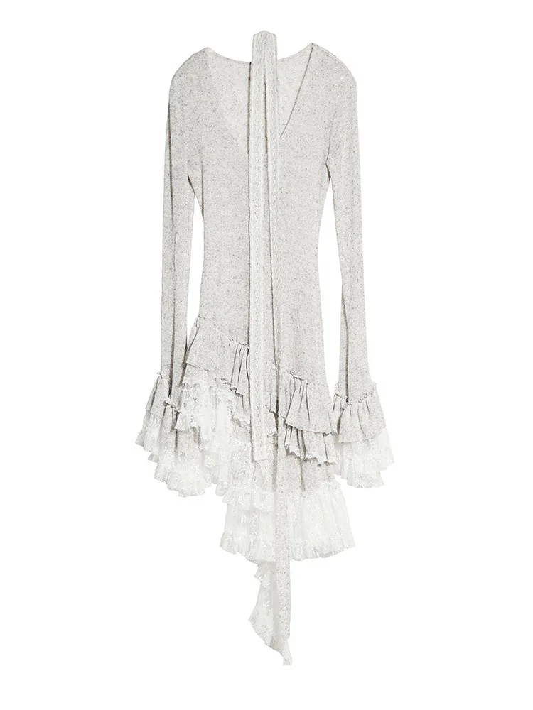 [EAM] Women Perspective Irregular Mini Sweater Dress New Round Neck Long  Flare Sleeve Fashion Tide Spring Autumn 2026 1DH9338