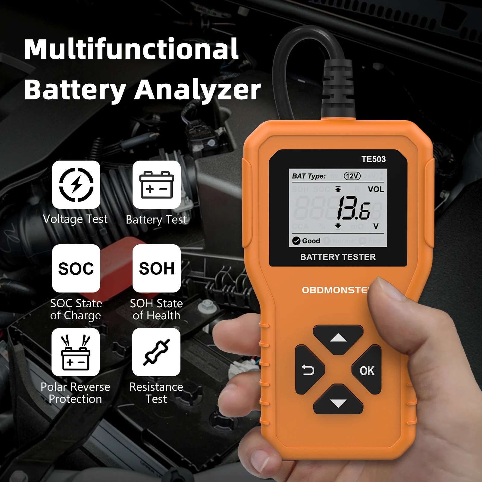 TE503 Car Battery Tester 6V 12V 24V 100-2000 CCA 2Ah-220Ah Battery System Detect Auto Analyzer Car Tool PK KW208