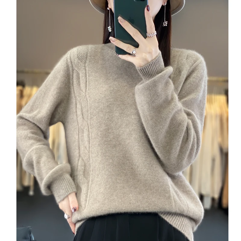 

Semi-high neck knitted thick twist long sleeve 100% pure wool autumn and winter new bottoming shirt Joker sweater
