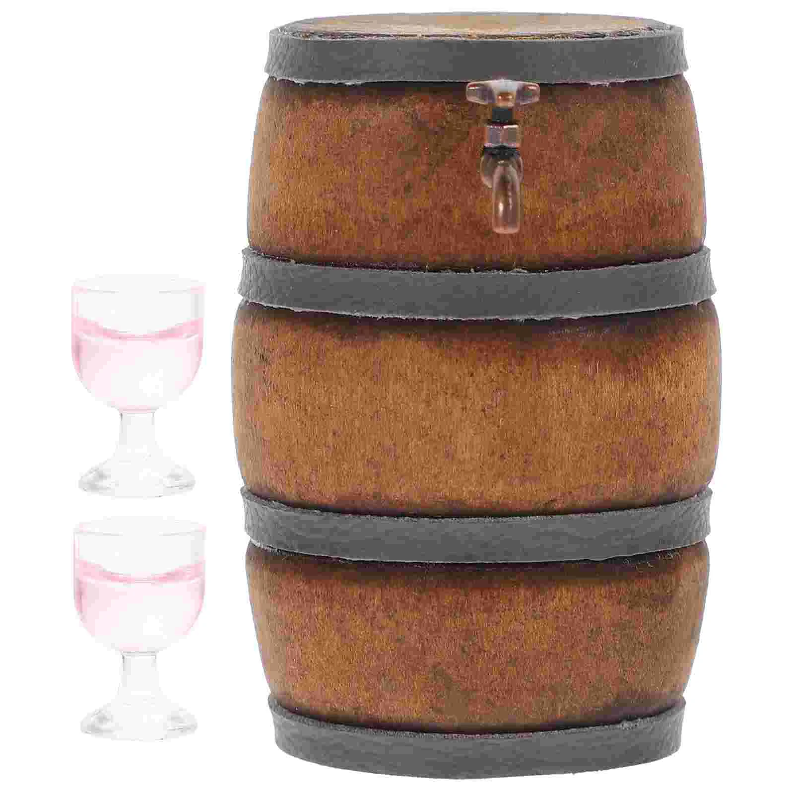

Miniature Wine Barrel Set Miniature Wooden Beer Barrel Wine Barrel Model Miniature Wine Glasses Goblet Cups Fairy Garden Pub