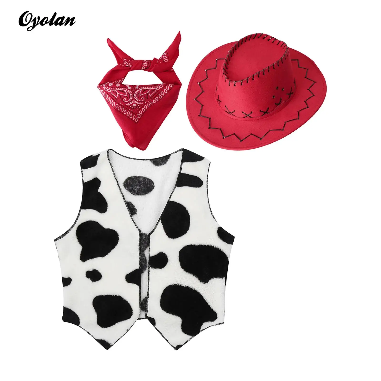 

Kids Girls Boys Western Cowboy Cowgirl Cosplay Party Costume Set Sleeveless Open Front Printed Waistcoat with Hat And Bandana