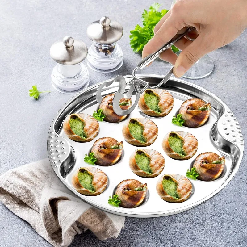 Stainless steel plates Stainless Steel Escargot Plates with 12 Compartment Holes with Escargot Tong Fork 8 Slots Oyster Grill Pan Center Slot