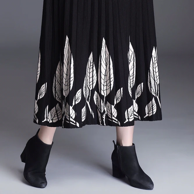 black leather skirt 2021 New Knitted Women's A-line Skirt Mid Autumn Winter Long Wrap Hip High Waist  Printed Skirt Girl's Skirt White Leaves pleated midi skirt