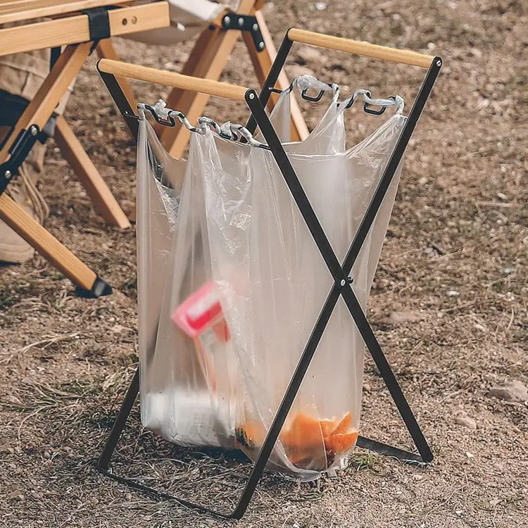 

Outdoor Foldable Kitchen Debris Storage Rack Plastic Bag Holder Wooden Handle Japanese Ins Wind Portable Garbage Shelf