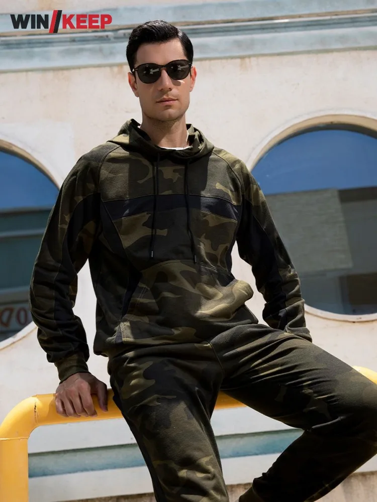 

Mens Sport Set Long Sleeve Hooded Sweatshirt 2022 Spring Autumn Outdoors Fitness Running Camouflage Tracksuit Male Two Piece Set