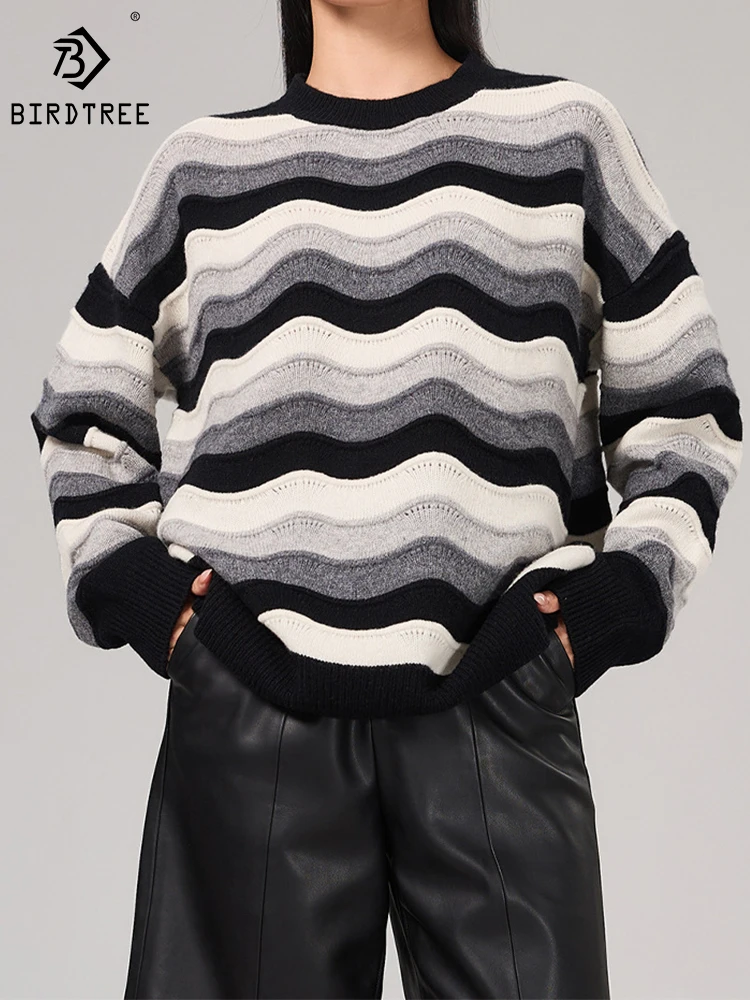 

Birdtree 100% Sheep Wool Sweater Wavy Stripe Gradient Loose Contrast Long Sleeve Casual Knit Woman Fall/Winter New T39342QD