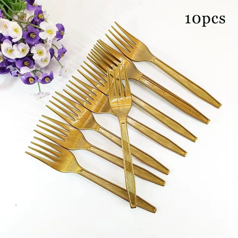 Description Picture 3 of item10pcs/Set green golden Pink Disposable Tableware Plastic Knife Fork Spoon Birthday Decor Kids Adults Wedding Party Supplies