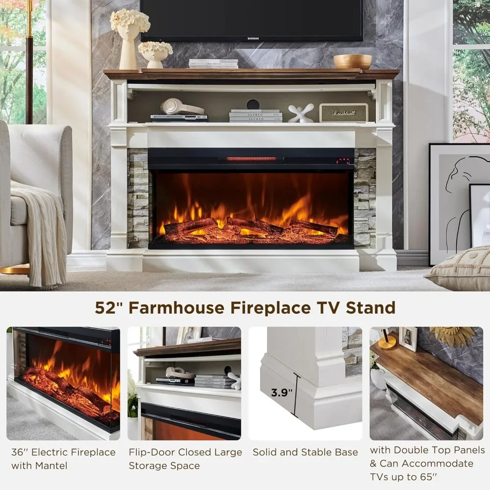 Electric Fireplace with Mantel, 3-Sided Glass Farmhouse TV Stand with Fireplace for TVs up to 65", 52" Media Center Console 3
