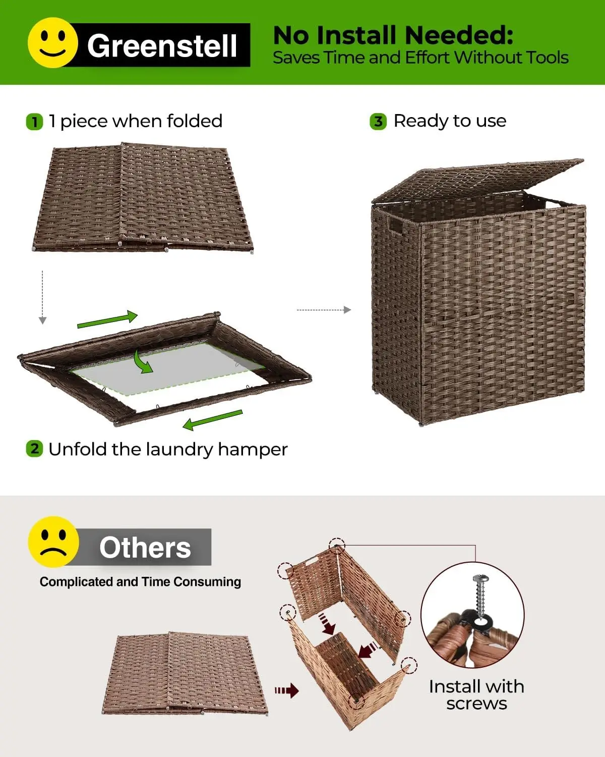 Laundry Hamper with lid 130L Wicker Laundry Baskets Foldable 2 Removable Liner Bags 2 Section Clothes Hamper No Install Needed
