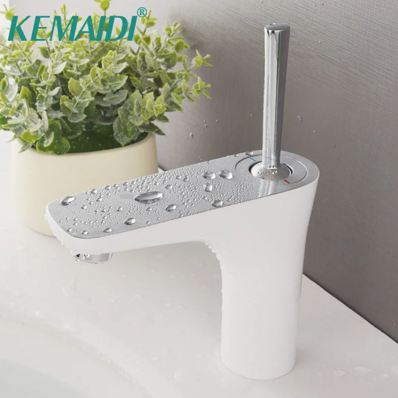 

KEMAIDI Bathroom Sink Faucet Single Lever White Faucets Deck Mounted Solid Brass Mixer Tap Hot Cold Water Tap chrome Finished